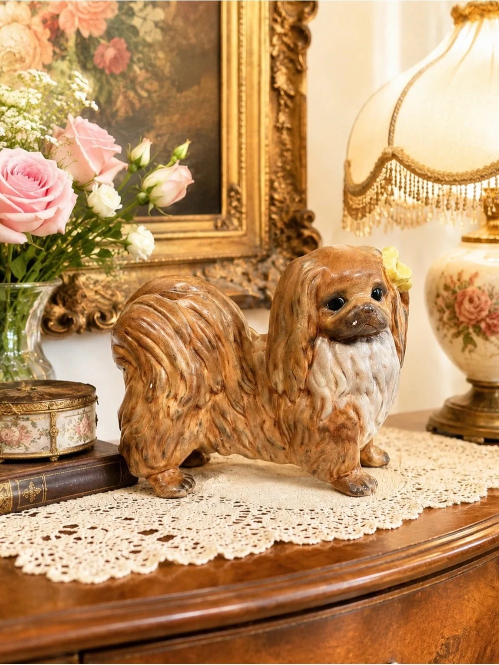 Vintage Pekingese Dog Figurine Porcelain Ceramic Handcrafted & Signed 12”Lx9”h